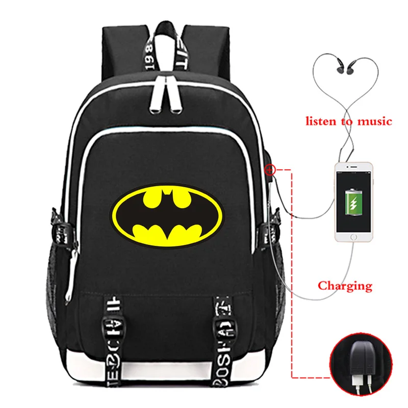 

Men Women USB Charging Earplug Hole Batman Backpack Boys Girls Travel Bag Teenager Student Laptop School Backpacks