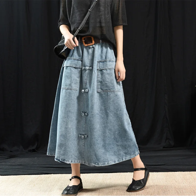 

Woman Vintage Denim Long Skirt Spring Autumn Nation Style Elastic High Waist Pocket Button Loose Mid-calf Maxi Skirt with Belt