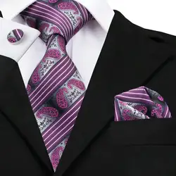 Для мужчин s галстук фиолетовый полоса шелк жаккард галстук Ханки Запонки Набор Бизнес Свадебная вечеринка галстуки для Для мужчин C-791