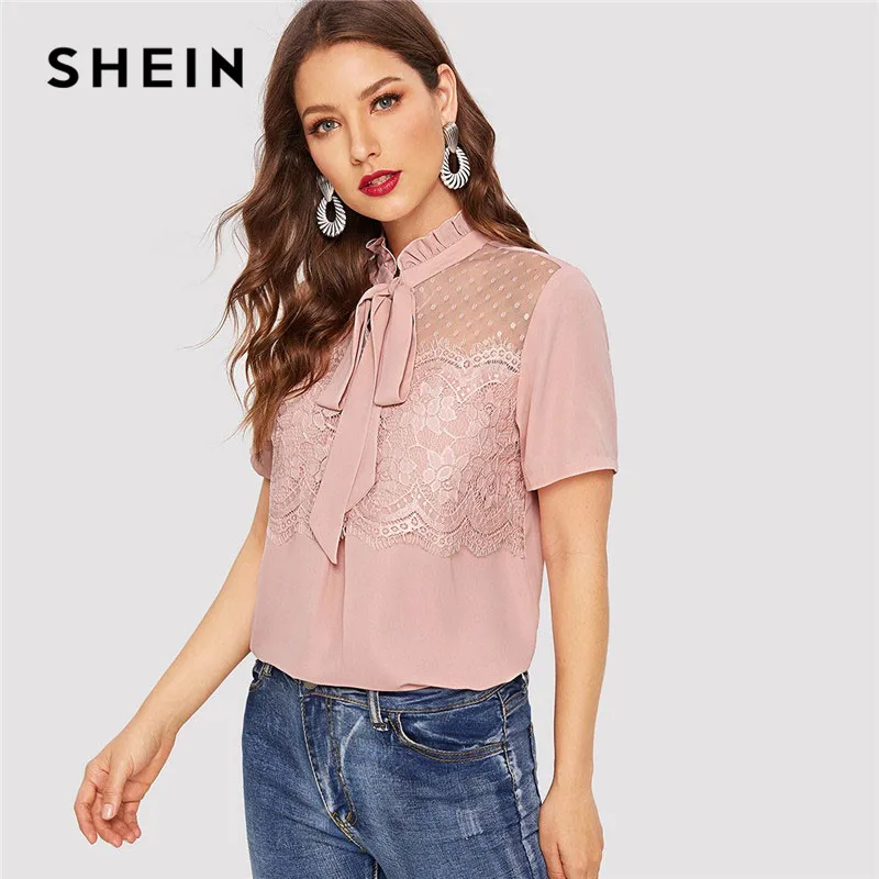 

SHEIN Pink Frilled Stand Collar Tie Neck Lace Applique Top Elegant Chiffon Blouse Women Summer Plain Women Tops and Blouses