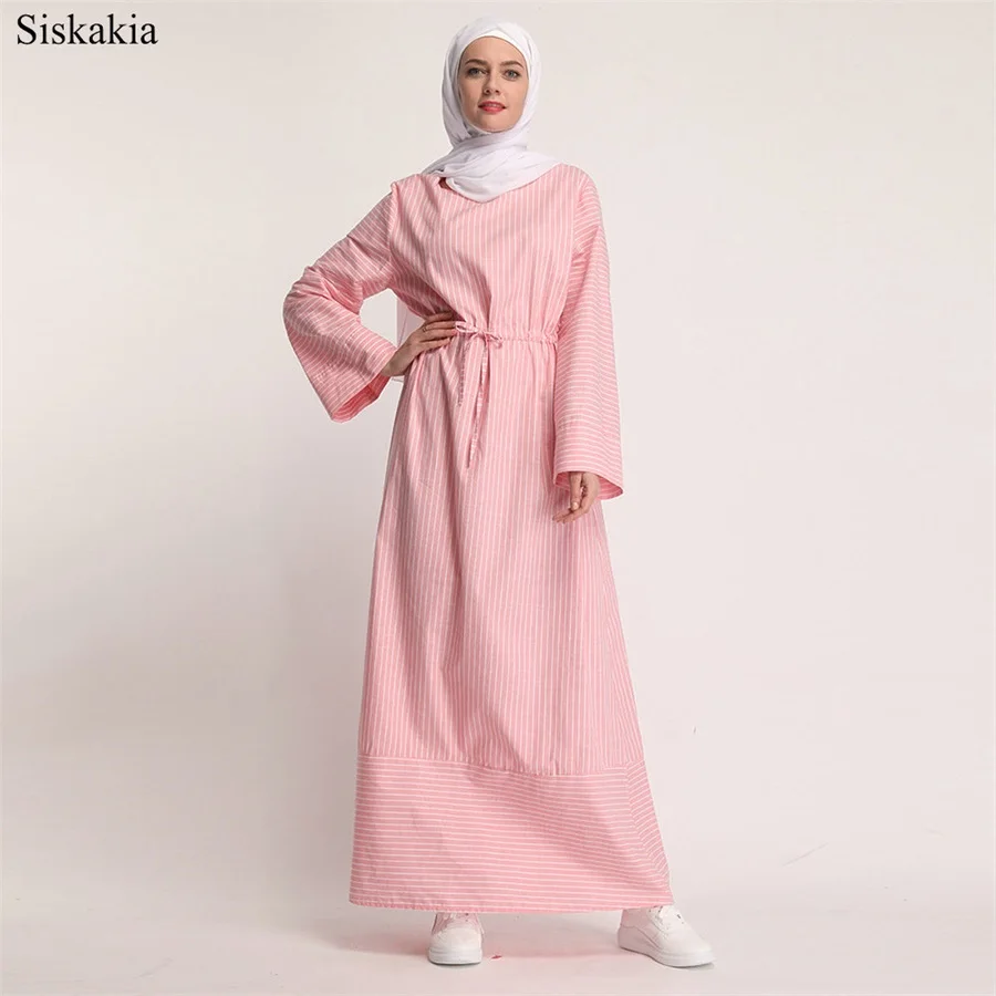 Siskakia Muslim Ladies Solid Stripe Patchwork Long Dress Ramadan O-Neck Long Sleeve Belt Women Dresses Brief Elegant 2019 New (1)