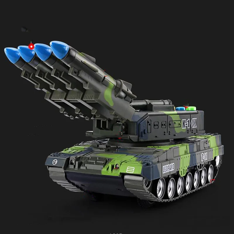 Вращающийся на 360 ° детский игрушечный танк, имитационная модель, тигр, военный бронированный танк с ракетами, модель автомобиля, звучащая светящаяся игрушка, подарок для мальчика