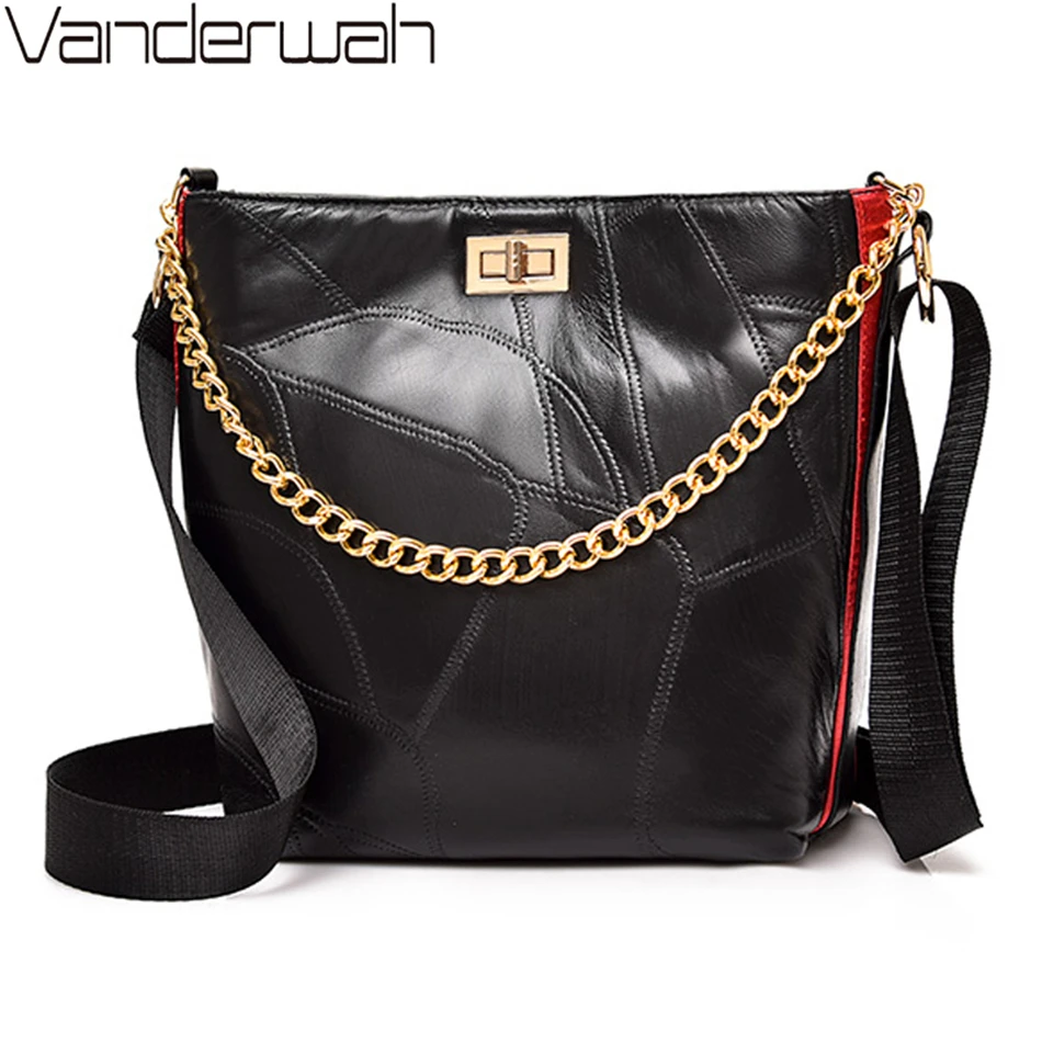 

Genuine Sheepskin Leather Fashion Lock Bucket Bag Chains Shoulder Crossbody Bags For Women Luxury Handbags Women Bags Designer