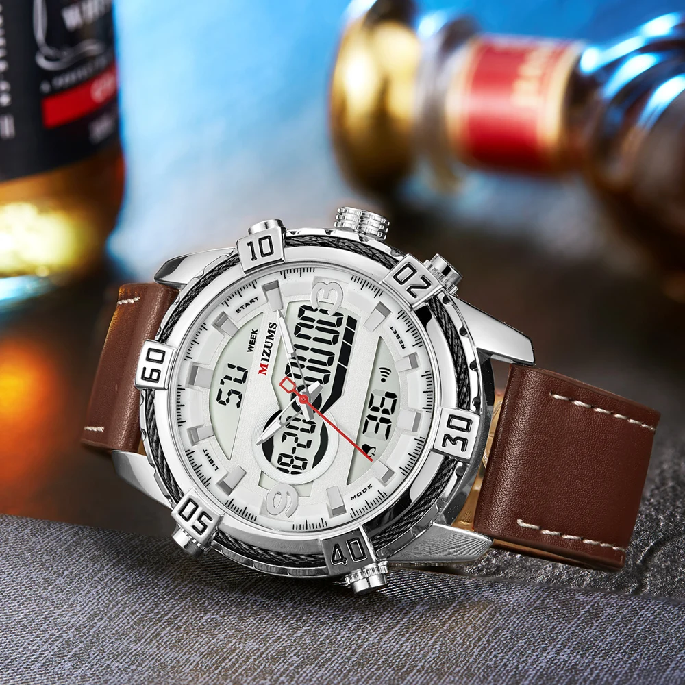 Mens Watches Top Luxury Brand Men Leather Sports Watches MIZUMS Men's Quartz LED Digital Clock Waterproof Military Wrist Watch 2019 New montre hommes (15)