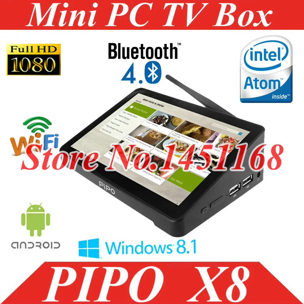  smart Mini PC Tv Box Pipo X8 Dual OS TV 7" Display Screen Windows 10 Android 4.4 Intel  Quad Core 2GB+32GB/64GB Tablet 