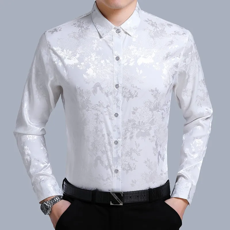 New 2018 spring & summer mens floral silk shirts male casual fashion