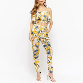 

Sexy Women's Summer Two-Piece Set Flower Print Camisole Crop Top Long Pants