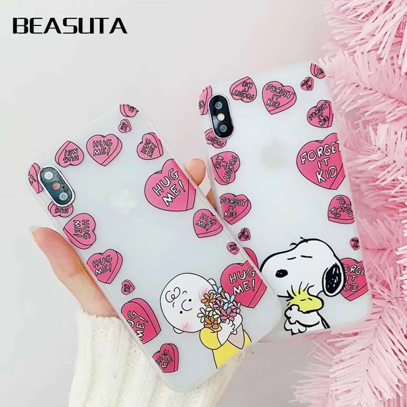 

Cartoon pink snoopys soft matte Transparent cover case for iphone 6 6splus 7 7plus 8 8plus X XR XS MAX love heart phone cases