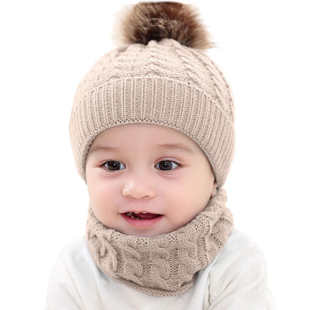 Детская зимняя шапка, комплект из 2 предметов для маленьких девочек и мальчиков, одноцветная шапка, зимняя теплая вязаная шапочка+ шарф, теплый комплект, детская шапка#3