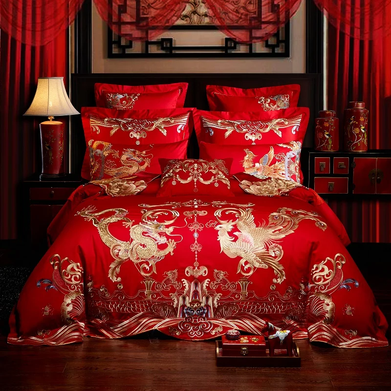 

Luxury Gold Loong Phoenix Embroidery Egyptian Cotton Red Wedding Bedding Set Duvet Cover Bed sheet/Linen Bedspread Pillowcases