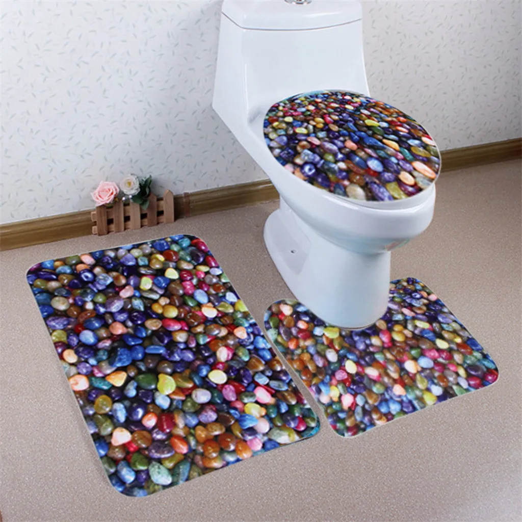 

Colorful 3Pcs/Set Bath Toilet Mat Stone Bathroom Non-Slip Flannel Rug + Cushion Covers + Bath Mat Home Decor Bathroom Carpet