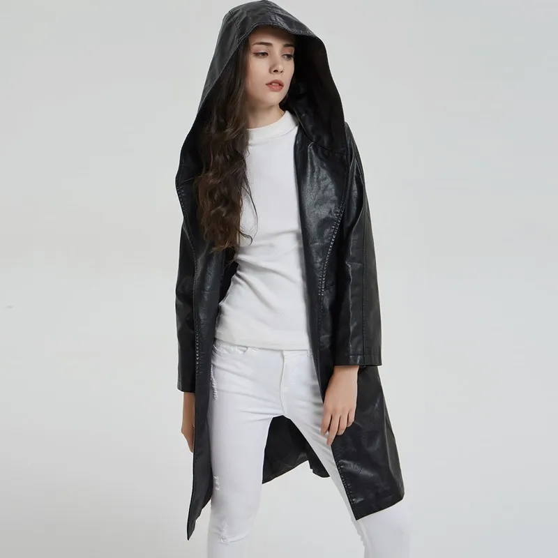 

Queechalle 2019 Autumn Winter Long Leather Jacket Women's Fashion Hooded Long Sleeve Loose Coat Outerwear with Belt Black