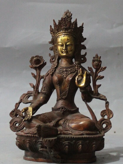 

huij 006574 8" Chinese Tibet Buddhism Bronze Gilt Green Tara Kwan-Yin Goddess Buddha Statue
