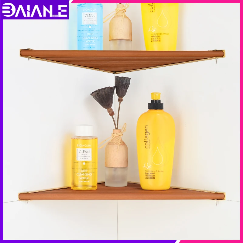 

Bathroom Shelf Organizer Shower Rack Aluminum Wood Corner Caddy Shampoo Storage Holder Shelves Bathroom Accessories Wall Mounted