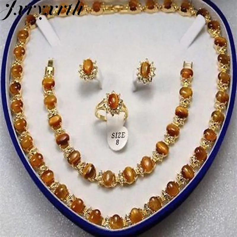 

Jxryxrth women's jewelry Tiger Eye yellow Earring Bracelet Necklace Ring+box AA2654