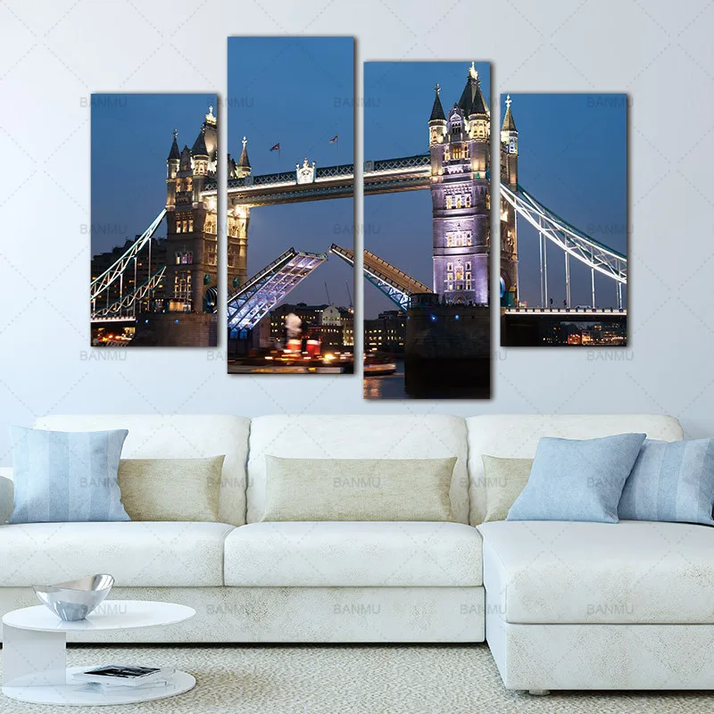 Canvas Photo Prints 4 Panels London Bridge Wall Decorations for Living Room Home Office Artwork Giclee Paintings no frame | Дом и сад