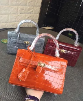 

Newly luxury quality 100% real genuine crocodile skin women shouder bag orange color crocodile shinny belly skin lady bag handle