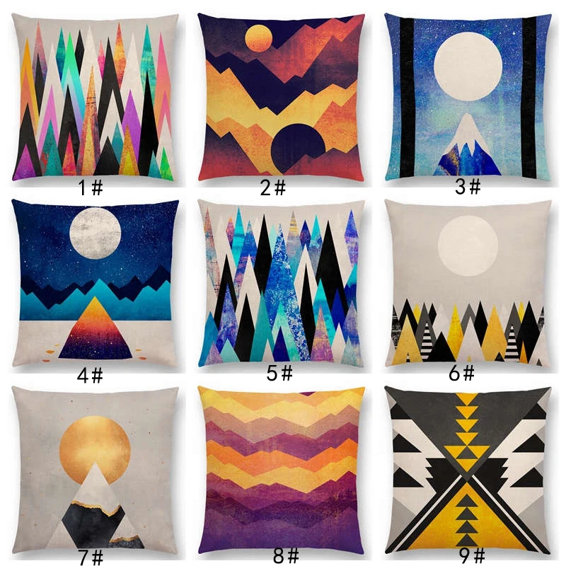 

New Sun Moon Dreamy Peaks Colorful Triangle Mountains Surrealism Geometric Pattern Cushion Cover Sofa Throw Pillow Case