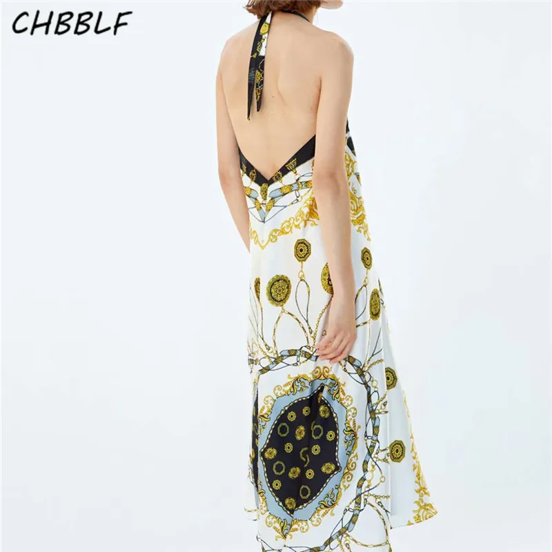 

CHBBLF women chains print bow tie halter maxi dress sleeveless backless female casual chic ankle length dresses vestidos POP1484