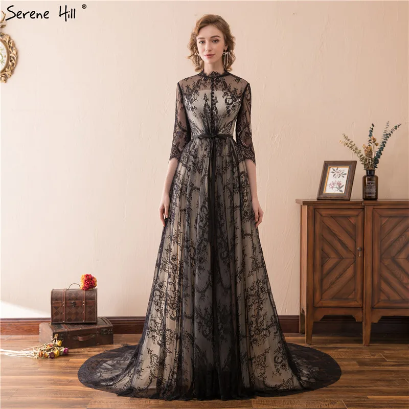 

New High Neck Fashion Illusion Evening Dresses 2019 Real Photo A-Line Lace Train Evening Party Gown Robe De Soiree 28605