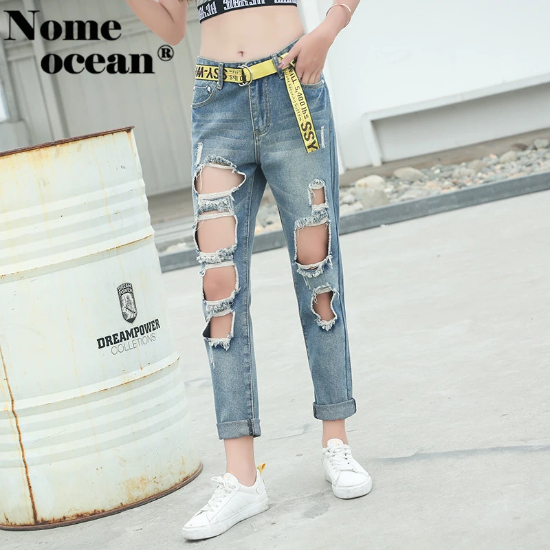 Pantalones de calle alta para mujer con agujeros rasgados novio Jeans pantalones vaqueros XL vaqueros para niña M18081902|Pantalones vaqueros| - AliExpress