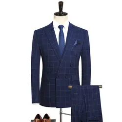 3 предмета Королевский синий костюм Для мужчин двубортный Для мужчин Блейзер Повседневное костюм для выпускного плед классический 2018