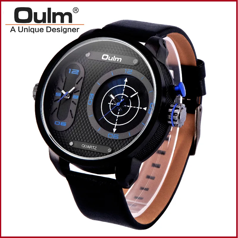 Oulm New Fashion Two Time Zone Wristwatch Big Size Genuine Leather Men's Watches LED Radar Style Male Quartz Watch 