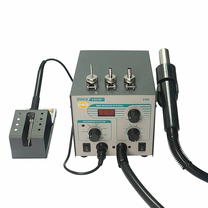 

QUICK 706W+ Digital Display Hot Air Gun Soldering Iron Anti static Temperature Lead free Rework Station 2 in 1 With 3 Nozzles