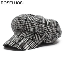 ROSELUOSI Женская клетчатая газетная Кепка s Осень Классический Черный Белый Хаундстут береты Кепка восьмиугольная шапка женская Gorras
