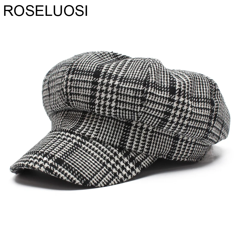 

ROSELUOSI Women Plaid Newsboy Caps 2017 Autumn New Classic Black White Houndstooth Berets Cap Octagonal Hat Female Gorras