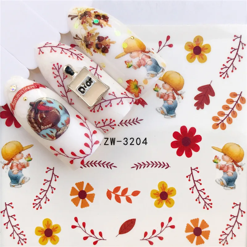 WUF 1 PC Colorful Flower / a bunch of flowers Water Transfer Nail Art Sticker Beauty Red Maple Leaf Decal Nails Art Decorations - Color: YZW-3204