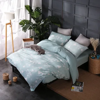 

Quality 4pcs Fitted Sheet Quilt Duvet Cover Pillowcase Pillow Sham Bedding Set 100% Cotton Jersey Green Gray Angle