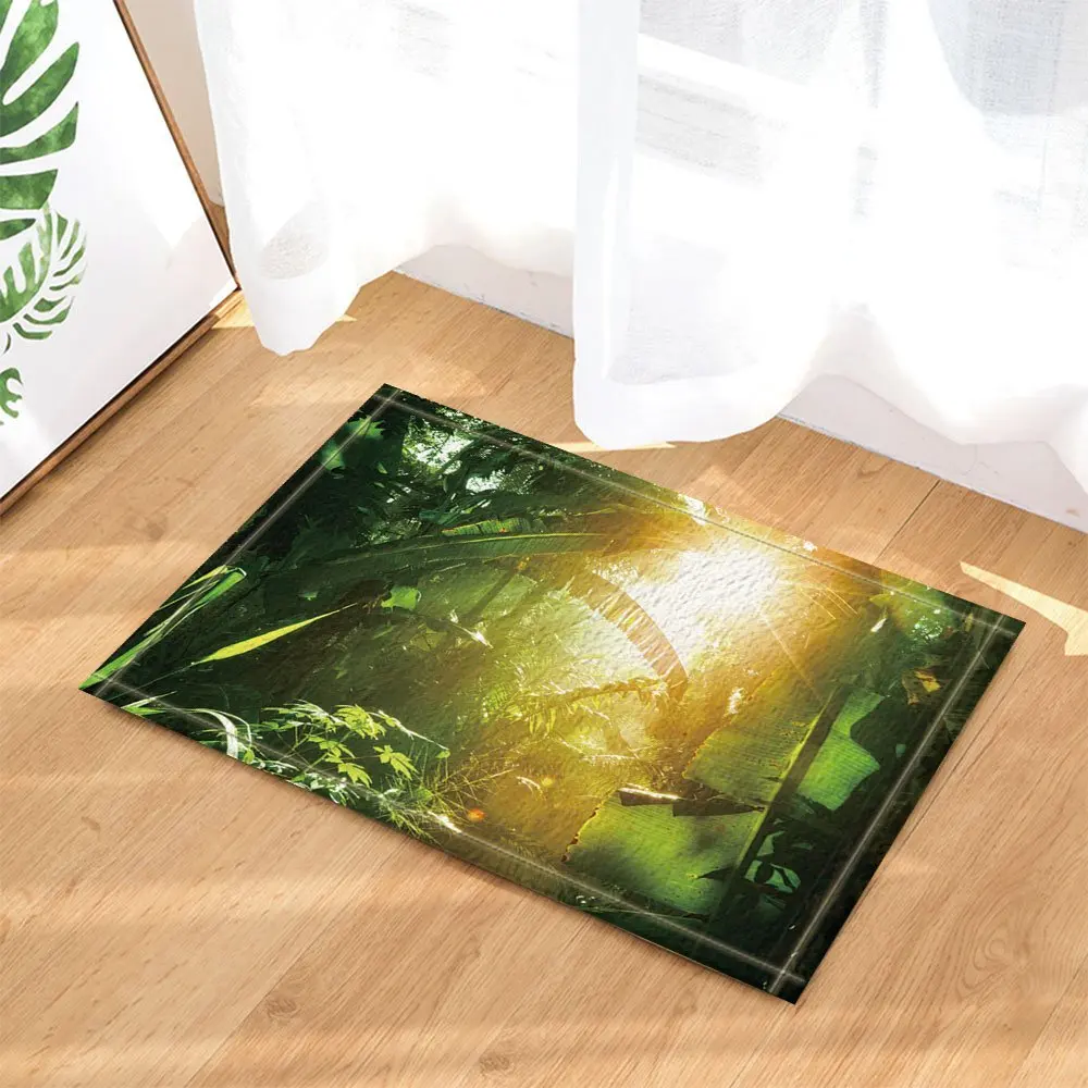 Tropical Rainforest Decor, Sunshine into Banana Leaves Jungle Bath Rugs