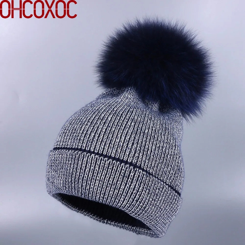 OHCOXOC новые женские шапочки с натуральным лисьим мехом помпоны шапка сохраняющая