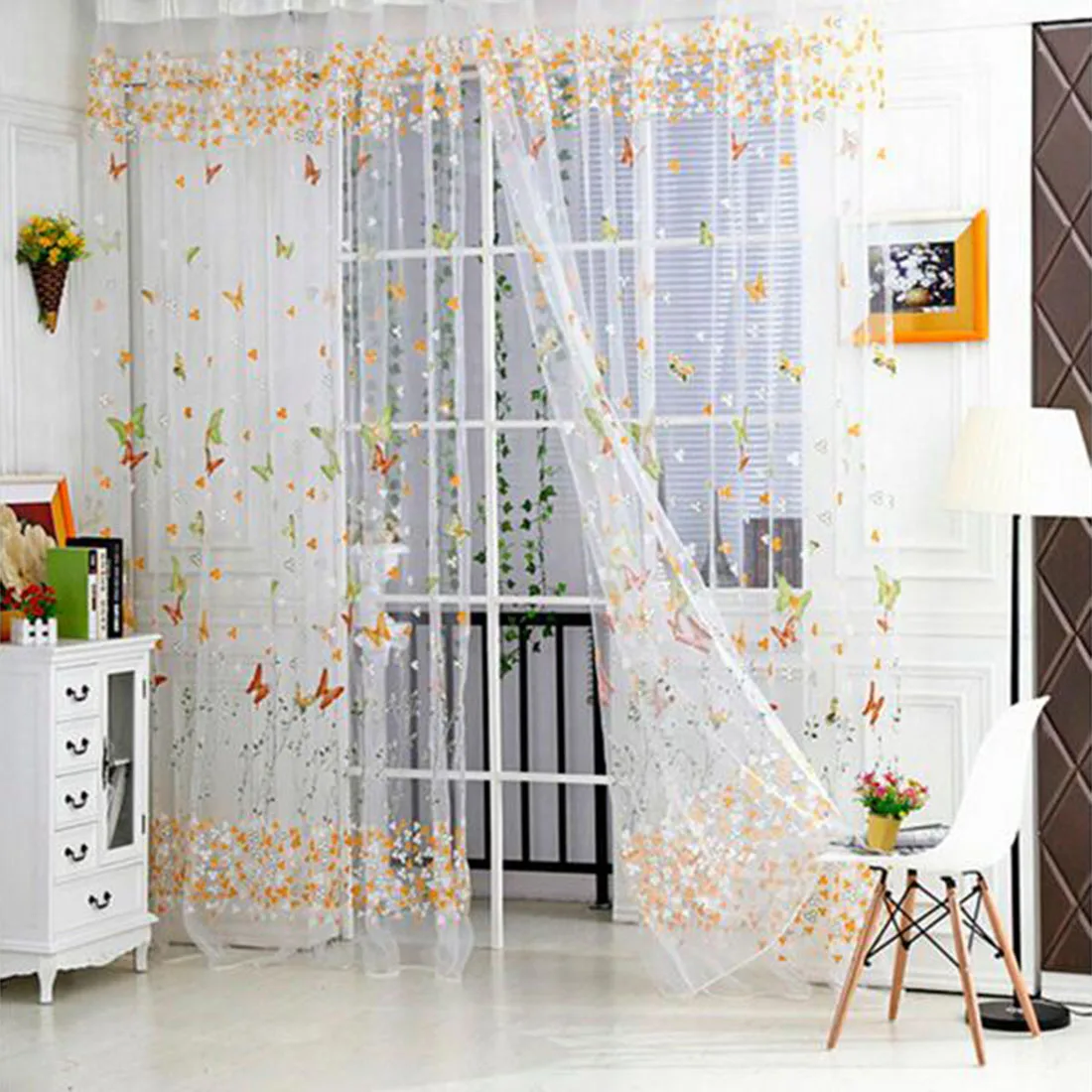 Butterfly Window Curtains for Living Room Bedroom Embroidered Voile