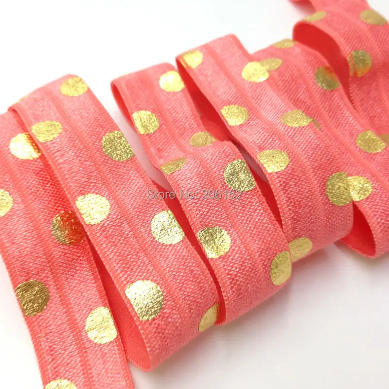 

Gold Foil Big Polka Dot Printed Fold Over Elastic 5/8" Dot Print FOE Ribbon for DIY Hair Accessories Headwear 100Y/Lot