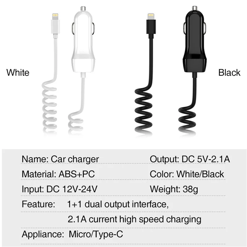 5 В/2,1 а автомобильное зарядное устройство для быстрой зарядки, USB Автомобильное зарядное устройство для телефона Android Ios с выдвижным кабелем Micro type C USB