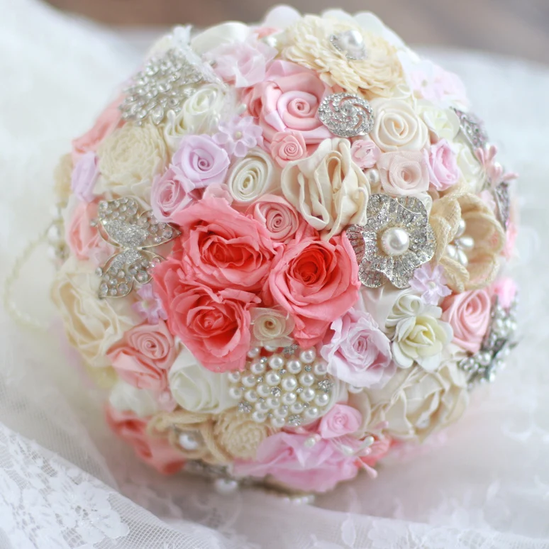 

8 inch Coral pink & ivory bridal brooch bouquet , Wedding Bride 's Rhinestone Jewelry Immortalized Rose Pearl Bouquets decor
