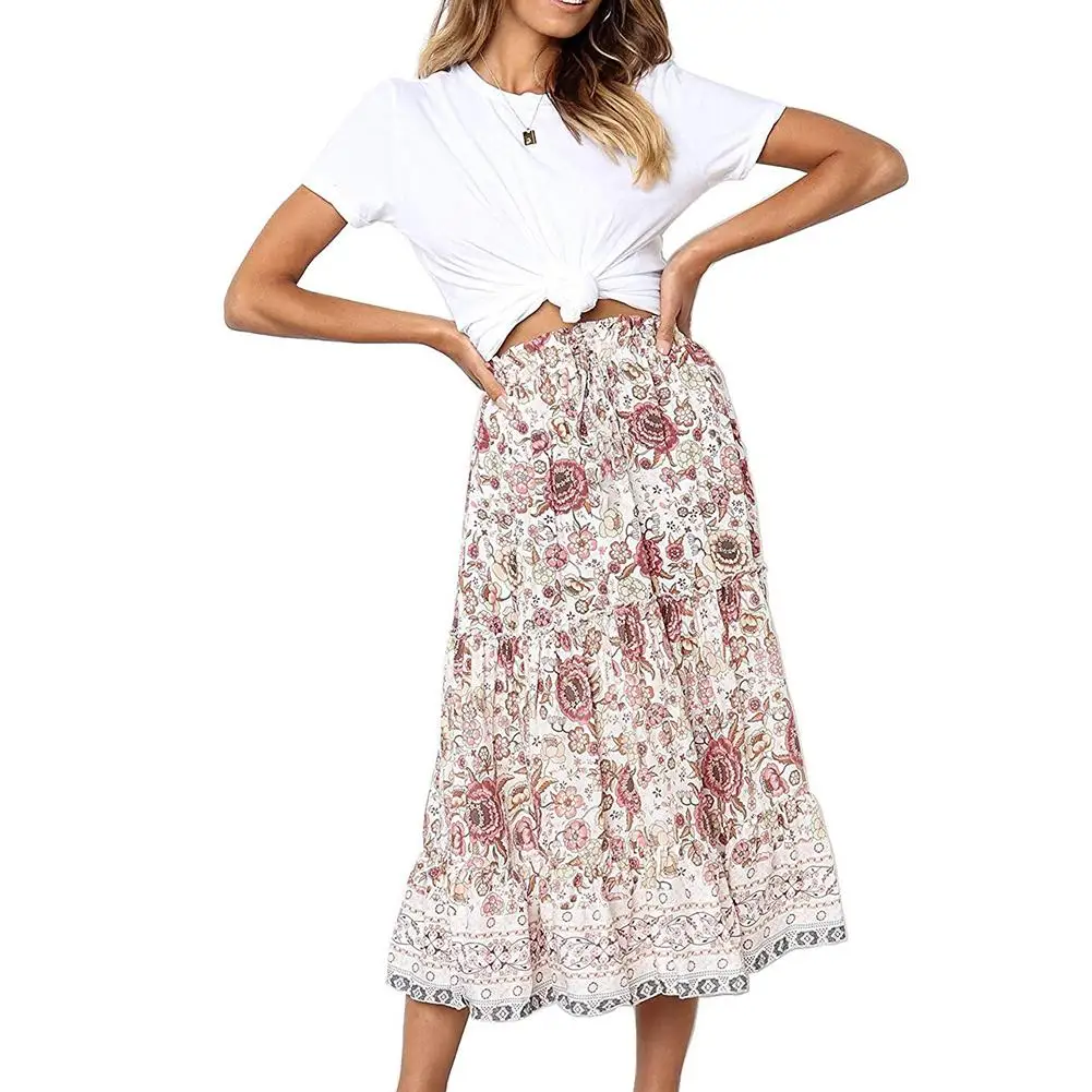 Летняя Пляжная Женская богемная Цветочная печать эластичная талия а линия длинная Макси юбка Горячая