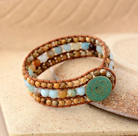 

Cuff Bracelet Unique Stones Amazonite Leather Wrap Bracelets Handmade Bohemian Woven Bracelet Women Jewelry Dropshipping