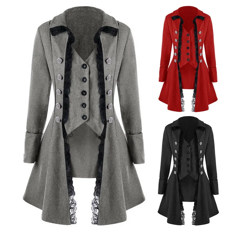 

Gothic Jacket Women Fashion Irregular Lace Patchwork Button Decor Vintage Long Jacket Autumn Female Jacket Outerwear Coats 3XL