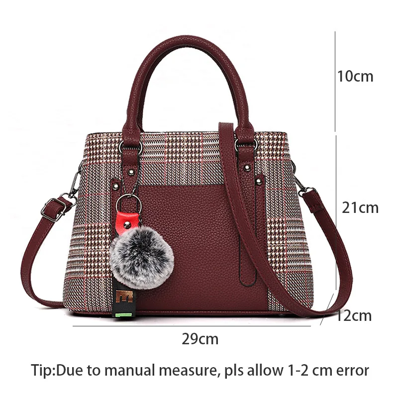 Women Leather Lattice Handbag Female Hairball Crossbody Shoulder Bags Lady Fashion Messenger Tote Top-Handle Purse Sac SS7256 (7)