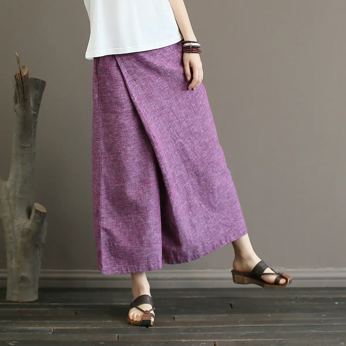 

Johnature Solid Color Elastic Mid Waist New Skirt Pants 2019 New Summer Vintage Loose Cotton Linen Ankle-Length Wide Leg Pants