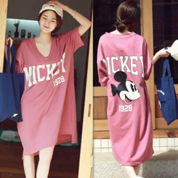

Summer plus size nightgown women's loose cartoon medium long nightdress V neck short sleeve T shirt one-piece dress sleepwear