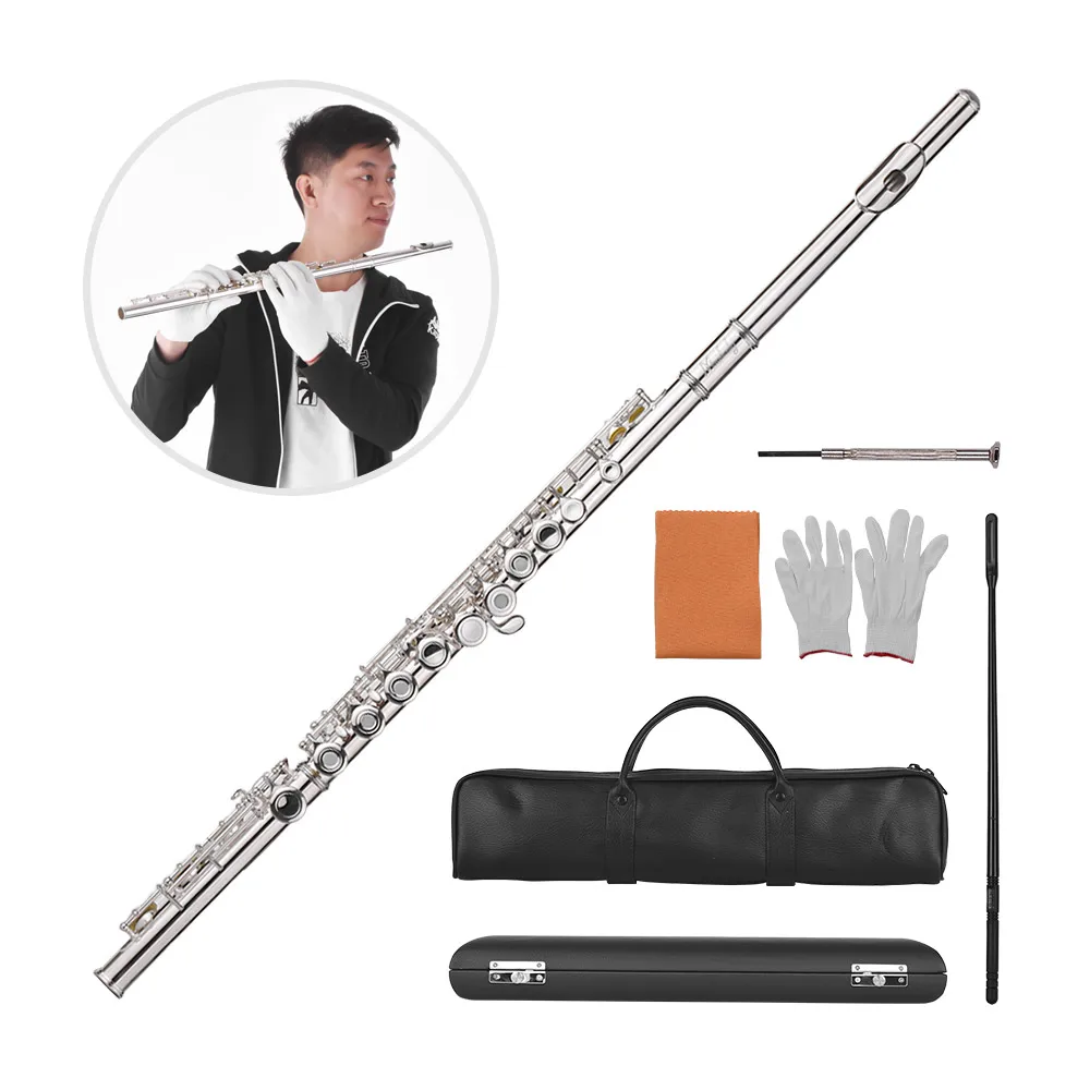 

Muslady 17-Hole Concert Flute C Key Flute Open/ Closed Pore Cupronickel Material Silver Plated with Cleaning Cloth Carry Bag