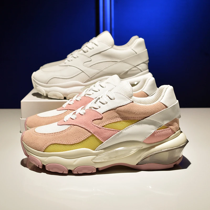

19SS Air Cushion Thick Platform Casual Shoes Mixed Color Lace Up Sport Court Sneakers Soft Flat Breathable Running Woman Shoes