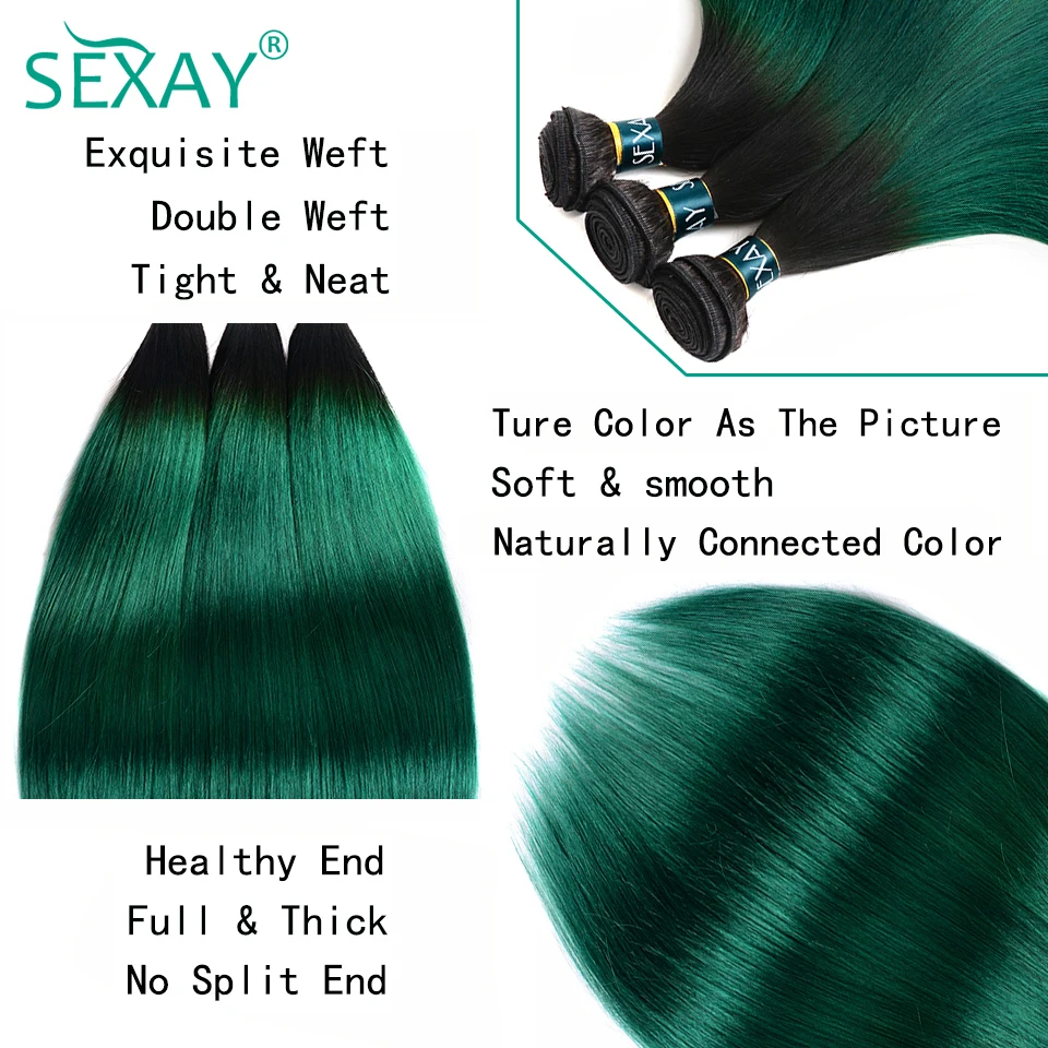 SEXAY пучки волос от светлого до темного цвета с застежкой T1B/зеленый цвет, два тона, эффектом деграде(переход от темного к бразильские прямые волосы переплетения 3 Связки с закрытием не Волосы remy