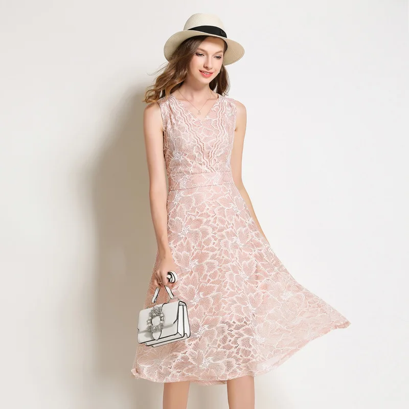 2018 Summer Lace Dress Work Casual Slim Work Women Party Dresses V-neck Sexy Hollow Out A-line Vintage Vestidos