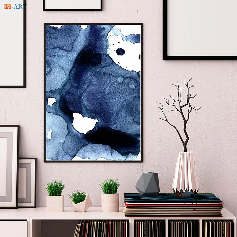 Темно-синие настенные художественные акварельные абстрактные картины печать на холсте плакат Настенные картины для гостиной украшение дома без рамки