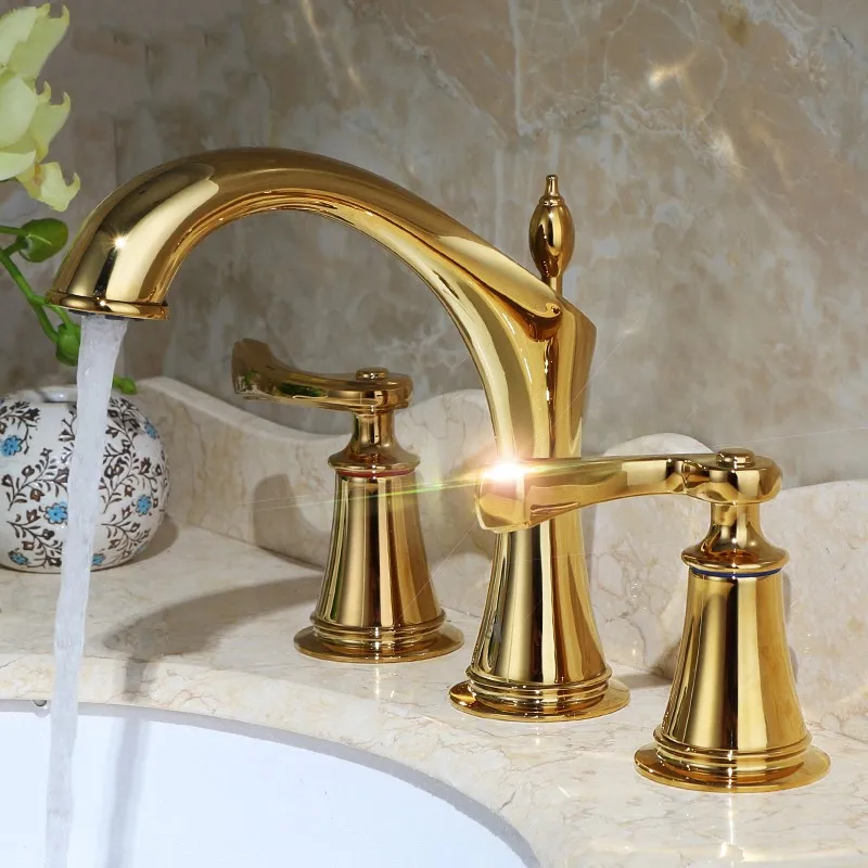 

Gold solid brass 2-Handle Widespread Bathroom Sink Faucet golden Lavatory Faucet Mixer Double Handle Tap Deck Mounted